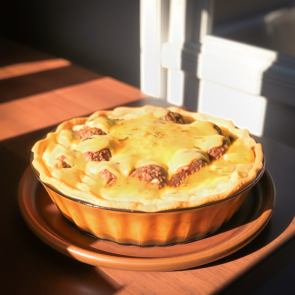 illustration of a mashed potato pie with meat balls and melted cheese on top